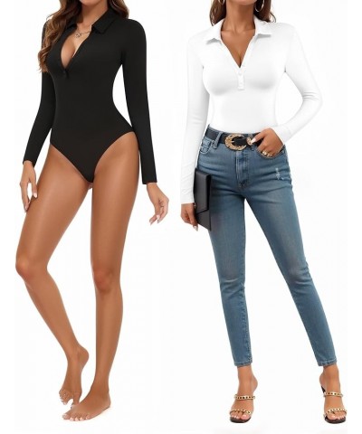 Henley Bodysuit for Women Button Down Long Sleeve Tops Body Suits Dressy Blouse Casual Warm White $9.99 Bodysuits