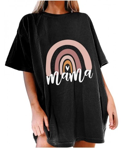 Womens Oversized T-Shirts Mama Graphic Tee Tops Summer Drop Shoulder Crew Neck Rainbow Shirts Vintage Casual Loose Tunics Bla...