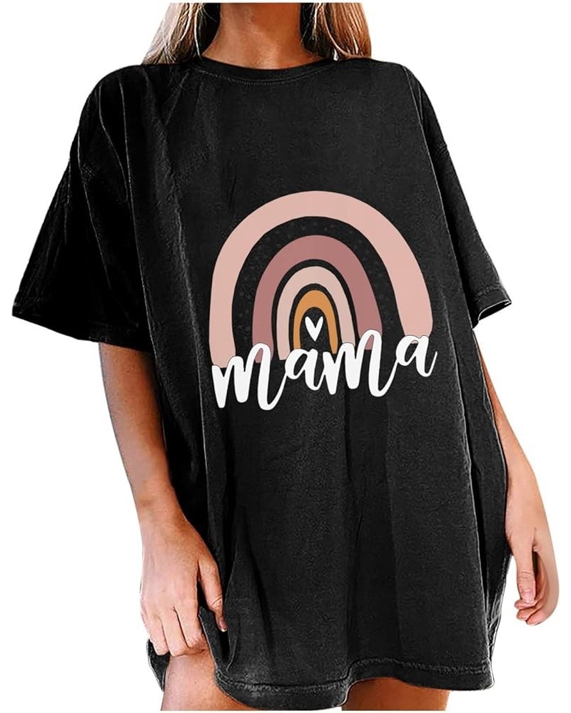 Womens Oversized T-Shirts Mama Graphic Tee Tops Summer Drop Shoulder Crew Neck Rainbow Shirts Vintage Casual Loose Tunics Bla...