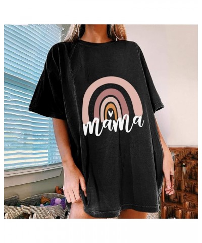 Womens Oversized T-Shirts Mama Graphic Tee Tops Summer Drop Shoulder Crew Neck Rainbow Shirts Vintage Casual Loose Tunics Bla...