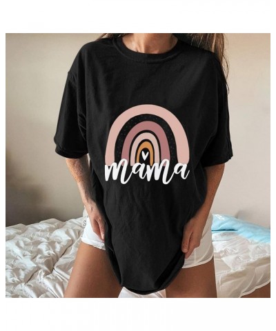 Womens Oversized T-Shirts Mama Graphic Tee Tops Summer Drop Shoulder Crew Neck Rainbow Shirts Vintage Casual Loose Tunics Bla...