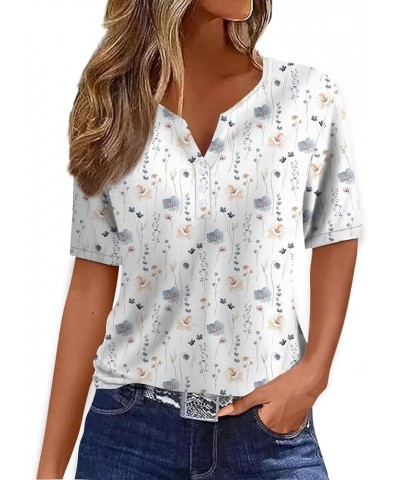 Henley Shirts for Women V Neck Buttons 2024 Summer Shirts Short Sleeve Print Dressy Blouses Clothes 05-white $8.31 Tops