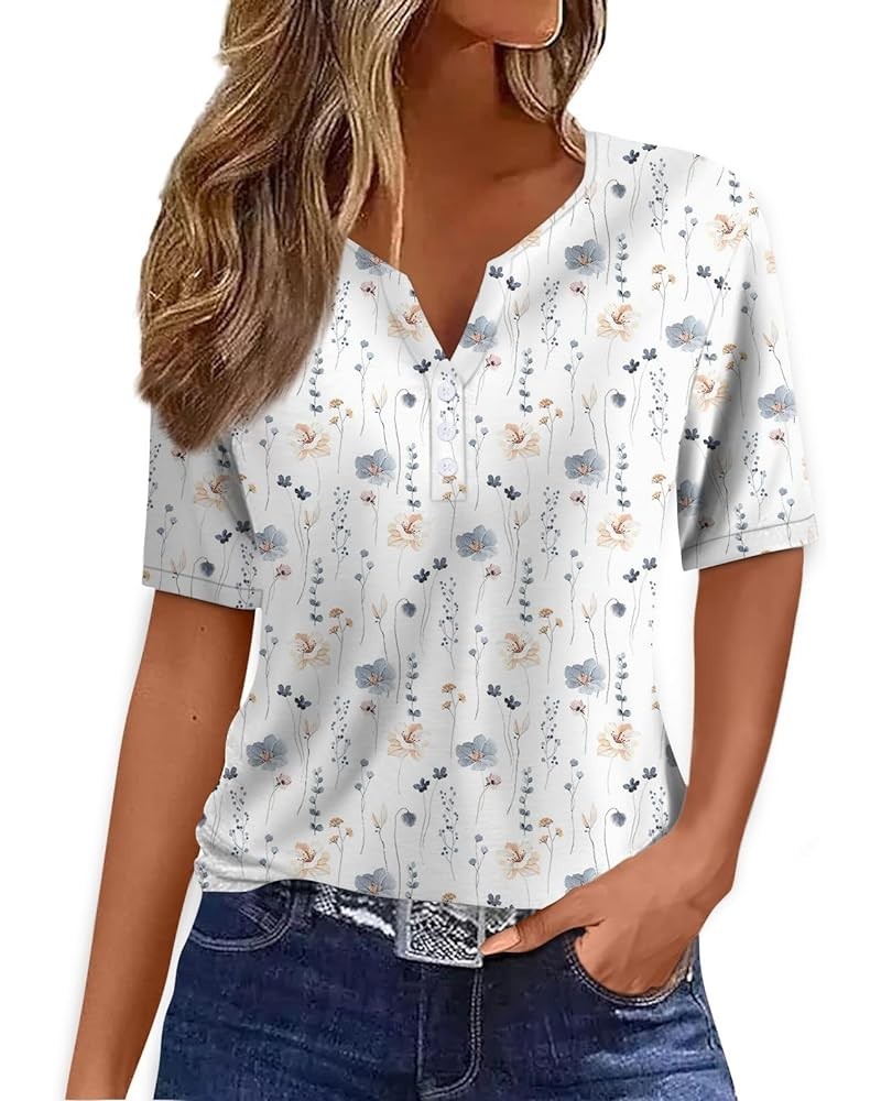 Henley Shirts for Women V Neck Buttons 2024 Summer Shirts Short Sleeve Print Dressy Blouses Clothes 05-white $8.31 Tops