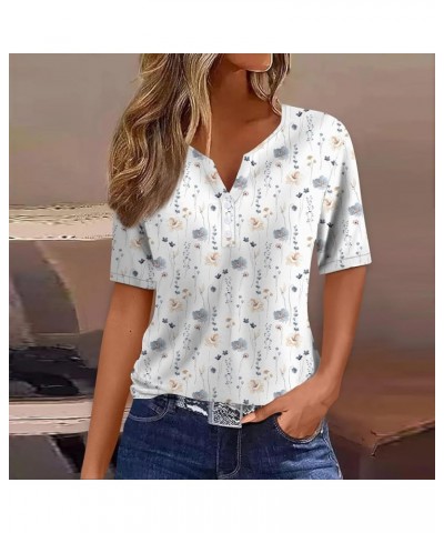 Henley Shirts for Women V Neck Buttons 2024 Summer Shirts Short Sleeve Print Dressy Blouses Clothes 05-white $8.31 Tops