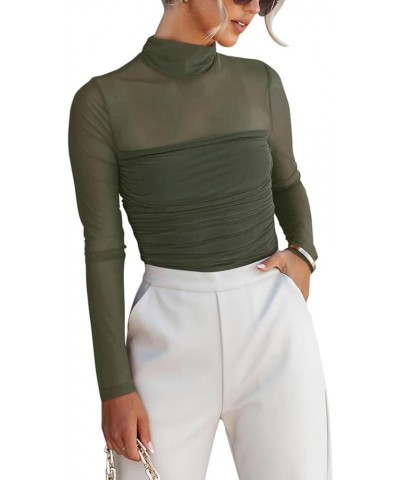 Women’s Sexy Mock Turtle Neck Long Sleeve Sheer Mesh Ruched Going Out Bodysuits Tops Grey Green $11.82 Lingerie