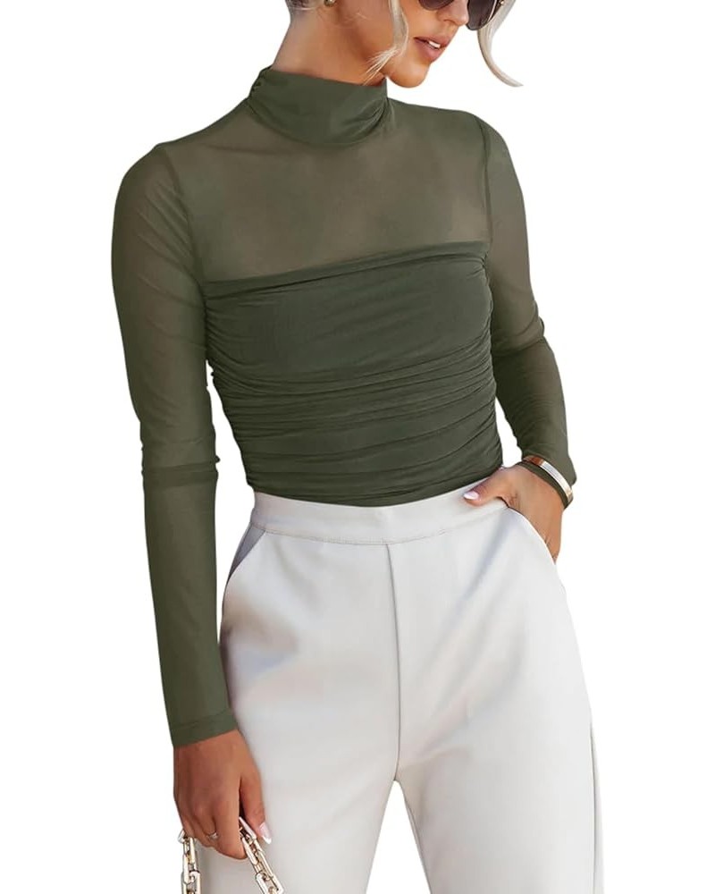 Women’s Sexy Mock Turtle Neck Long Sleeve Sheer Mesh Ruched Going Out Bodysuits Tops Grey Green $11.82 Lingerie