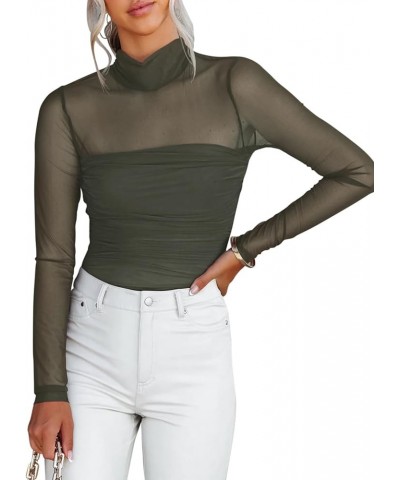 Women’s Sexy Mock Turtle Neck Long Sleeve Sheer Mesh Ruched Going Out Bodysuits Tops Grey Green $11.82 Lingerie