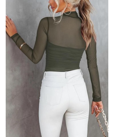 Women’s Sexy Mock Turtle Neck Long Sleeve Sheer Mesh Ruched Going Out Bodysuits Tops Grey Green $11.82 Lingerie