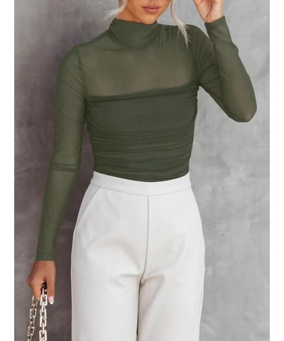 Women’s Sexy Mock Turtle Neck Long Sleeve Sheer Mesh Ruched Going Out Bodysuits Tops Grey Green $11.82 Lingerie