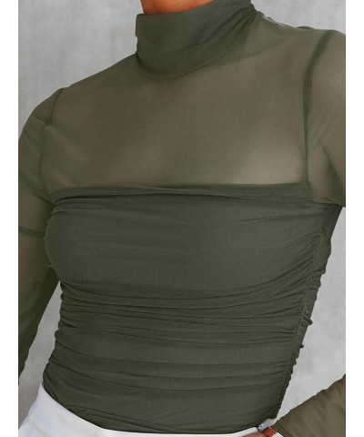 Women’s Sexy Mock Turtle Neck Long Sleeve Sheer Mesh Ruched Going Out Bodysuits Tops Grey Green $11.82 Lingerie