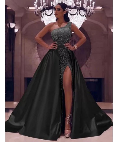 Women's One Shoulder Sequin Prom Dresses with Detachable Train Long Satin Formal Evening Party Gowns with Slit Green $47.50 D...