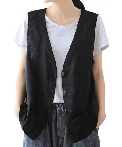 Womens Cotton Linen Vest Casual Sleeveless Blazer Cardigans Lightweight Jacket Waistcoat Black $16.79 Vests