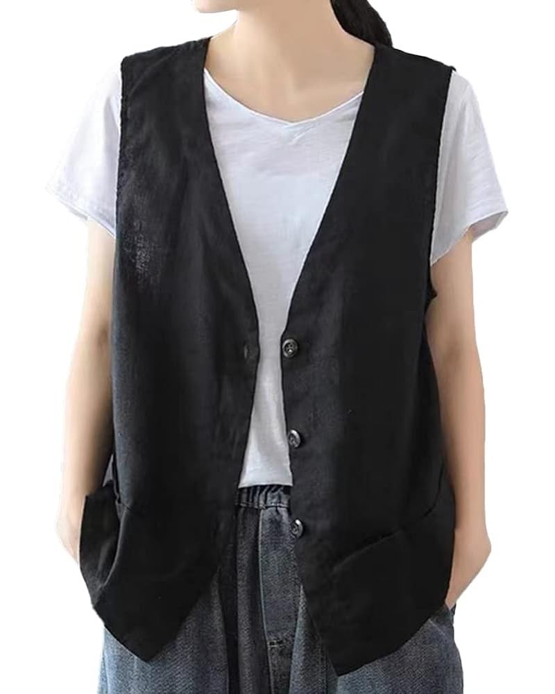 Womens Cotton Linen Vest Casual Sleeveless Blazer Cardigans Lightweight Jacket Waistcoat Black $16.79 Vests