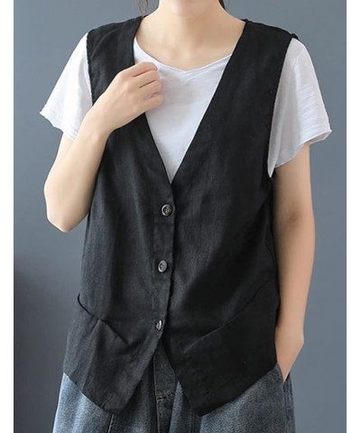 Womens Cotton Linen Vest Casual Sleeveless Blazer Cardigans Lightweight Jacket Waistcoat Black $16.79 Vests