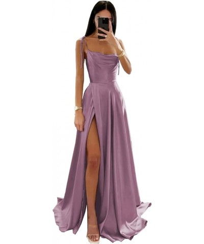 Women's Spaghetti Straps Satin Prom Dresses with Slit Halter Ruched Aline Formal Evening Gowns PU048 Wisteria $37.44 Dresses