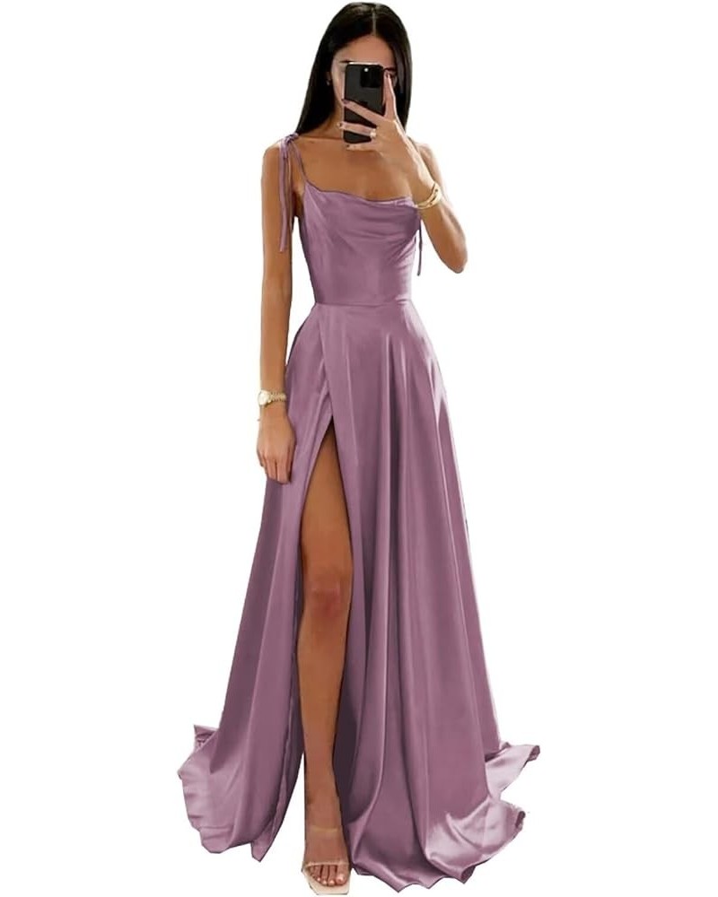 Women's Spaghetti Straps Satin Prom Dresses with Slit Halter Ruched Aline Formal Evening Gowns PU048 Wisteria $37.44 Dresses