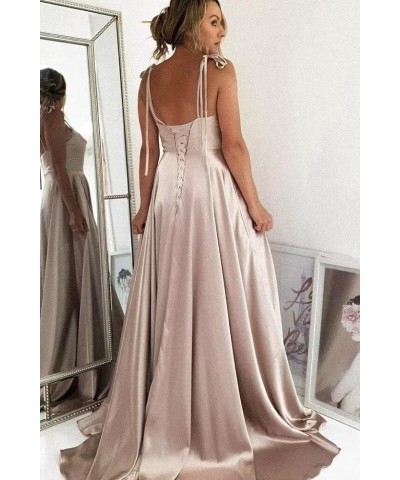 Women's Spaghetti Straps Satin Prom Dresses with Slit Halter Ruched Aline Formal Evening Gowns PU048 Wisteria $37.44 Dresses