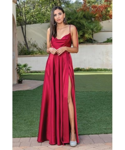 Women's Spaghetti Straps Satin Prom Dresses with Slit Halter Ruched Aline Formal Evening Gowns PU048 Wisteria $37.44 Dresses