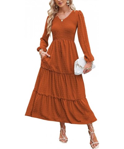 Womens V Neck Maxi Dress with Pockets Swiss Dot Smocked High Waist Long Sleeve Casual Tiered A-Line Dresses Brown $17.22 Dresses