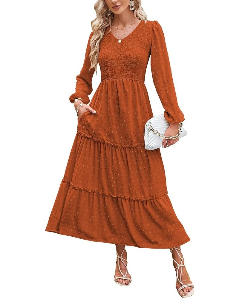 Womens V Neck Maxi Dress with Pockets Swiss Dot Smocked High Waist Long Sleeve Casual Tiered A-Line Dresses Brown $17.22 Dresses