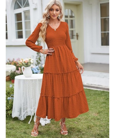 Womens V Neck Maxi Dress with Pockets Swiss Dot Smocked High Waist Long Sleeve Casual Tiered A-Line Dresses Brown $17.22 Dresses