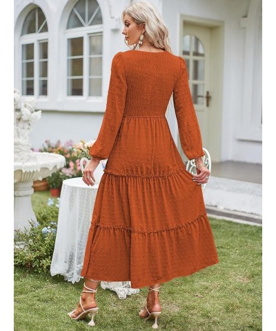 Womens V Neck Maxi Dress with Pockets Swiss Dot Smocked High Waist Long Sleeve Casual Tiered A-Line Dresses Brown $17.22 Dresses