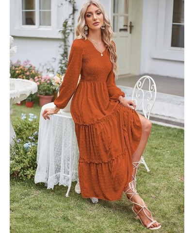 Womens V Neck Maxi Dress with Pockets Swiss Dot Smocked High Waist Long Sleeve Casual Tiered A-Line Dresses Brown $17.22 Dresses