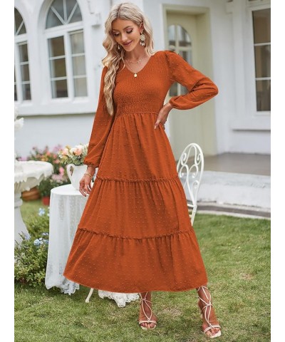 Womens V Neck Maxi Dress with Pockets Swiss Dot Smocked High Waist Long Sleeve Casual Tiered A-Line Dresses Brown $17.22 Dresses