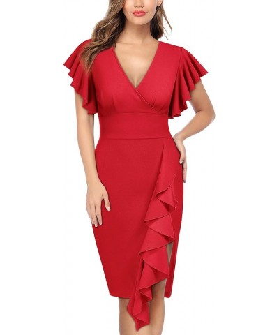 Women's Deep-V Neck Ruffle Sleeves Cocktail Party Pencil Slit Formal Dress Red $20.51 Dresses