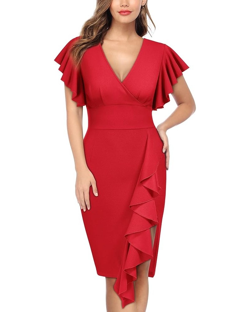 Women's Deep-V Neck Ruffle Sleeves Cocktail Party Pencil Slit Formal Dress Red $20.51 Dresses