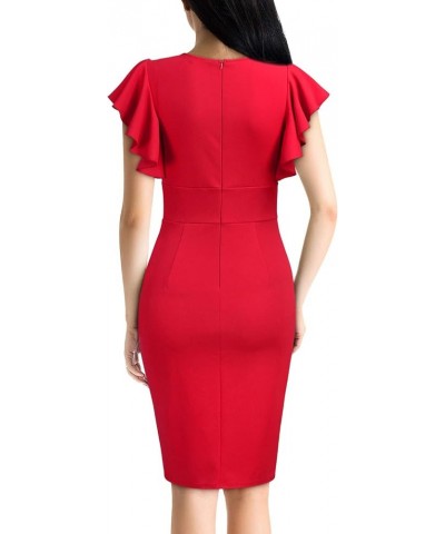 Women's Deep-V Neck Ruffle Sleeves Cocktail Party Pencil Slit Formal Dress Red $20.51 Dresses