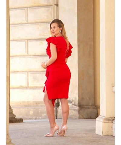 Women's Deep-V Neck Ruffle Sleeves Cocktail Party Pencil Slit Formal Dress Red $20.51 Dresses