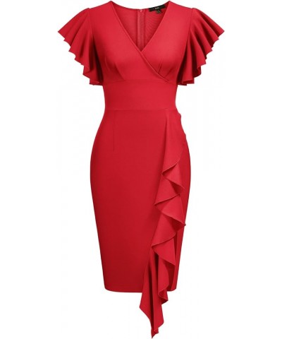 Women's Deep-V Neck Ruffle Sleeves Cocktail Party Pencil Slit Formal Dress Red $20.51 Dresses