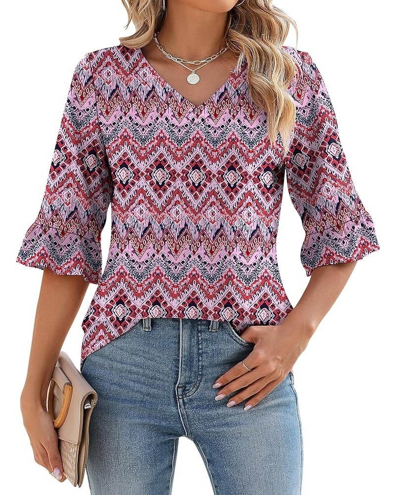 3/4 Length Sleeve Womens Tops Summer Loose V-Neck Eyelet T-Shirts Dressy Casual Ruffle Sleeve Tunic Blouses Floral 17 $13.64 ...