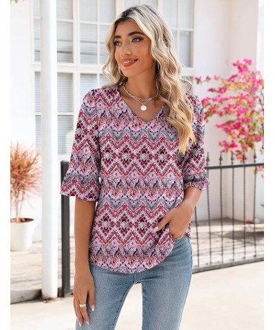 3/4 Length Sleeve Womens Tops Summer Loose V-Neck Eyelet T-Shirts Dressy Casual Ruffle Sleeve Tunic Blouses Floral 17 $13.64 ...