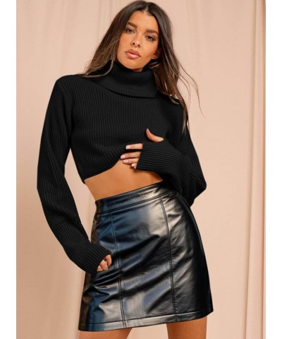 Womens Cropped Turtleneck Long Sleeve Sweater Trendy Fall Chunky Ribbed Cable Knit Pullover Sweaters Black $12.59 Sweaters