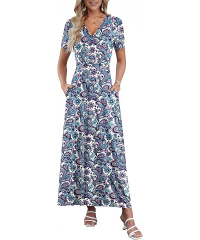 Women's Summer Maxi Dress Short Sleeve Floral Print Bohemian V Neck with Pockets Bandanna White Pink $22.25 Dresses