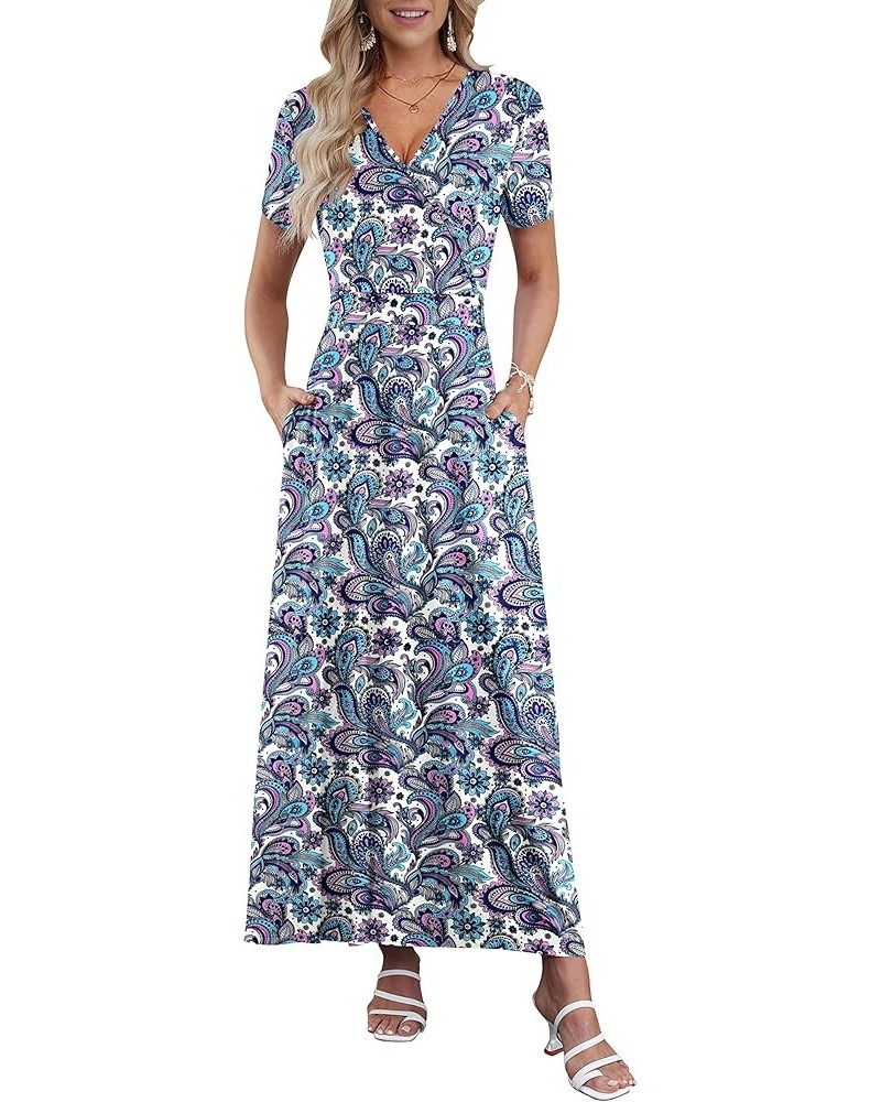 Women's Summer Maxi Dress Short Sleeve Floral Print Bohemian V Neck with Pockets Bandanna White Pink $22.25 Dresses