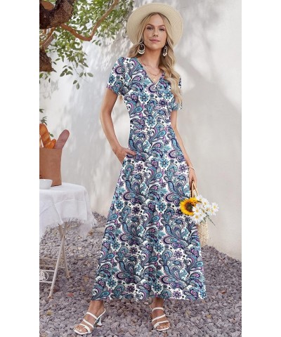 Women's Summer Maxi Dress Short Sleeve Floral Print Bohemian V Neck with Pockets Bandanna White Pink $22.25 Dresses