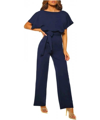 Women Casual Loose Short Sleeve Belted Wide Leg Pant Romper Jumpsuits A Navy Blue $21.35 Jumpsuits