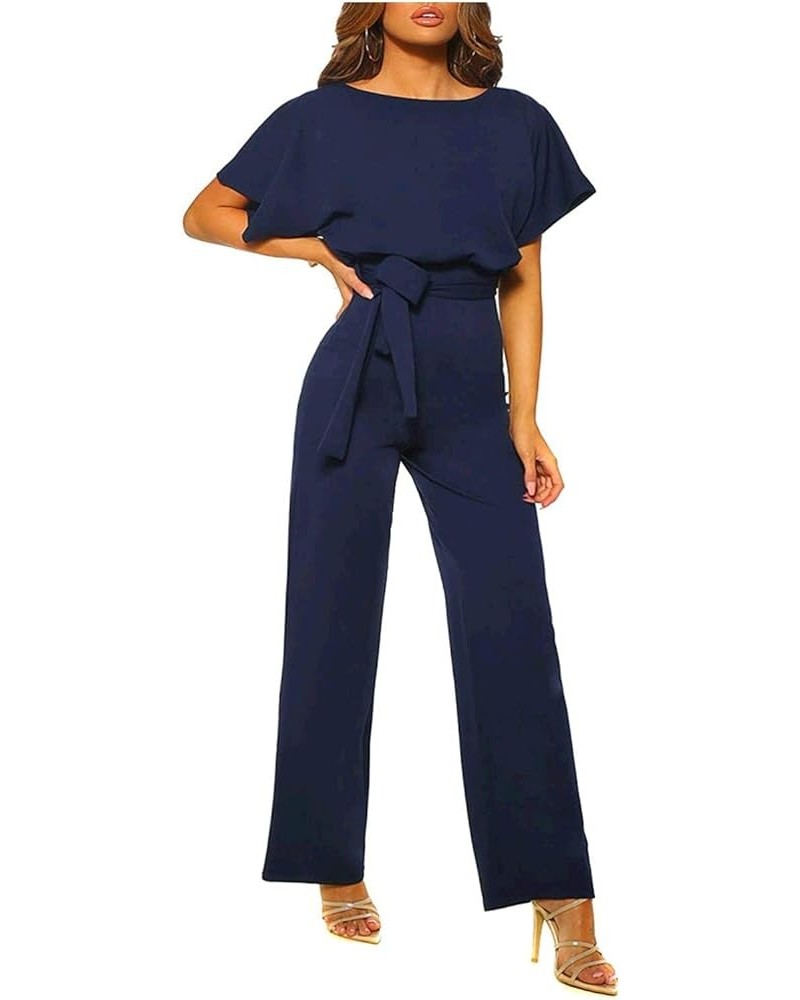 Women Casual Loose Short Sleeve Belted Wide Leg Pant Romper Jumpsuits A Navy Blue $21.35 Jumpsuits