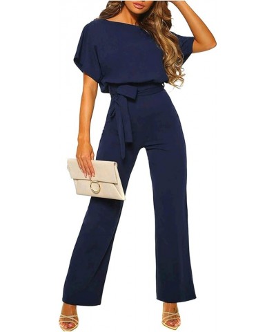 Women Casual Loose Short Sleeve Belted Wide Leg Pant Romper Jumpsuits A Navy Blue $21.35 Jumpsuits