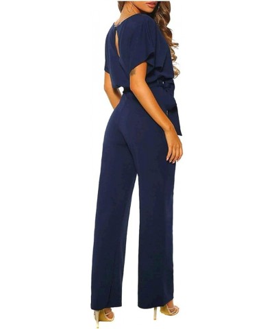 Women Casual Loose Short Sleeve Belted Wide Leg Pant Romper Jumpsuits A Navy Blue $21.35 Jumpsuits