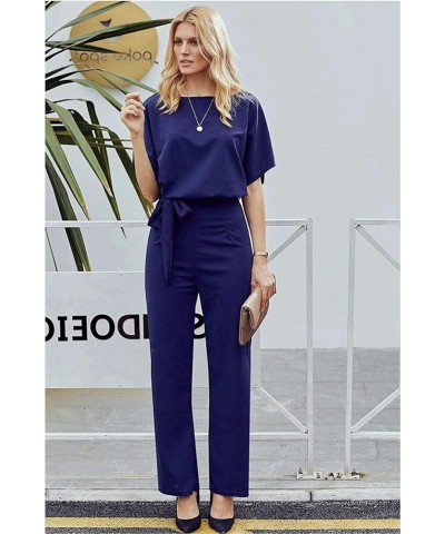 Women Casual Loose Short Sleeve Belted Wide Leg Pant Romper Jumpsuits A Navy Blue $21.35 Jumpsuits