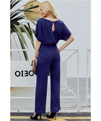 Women Casual Loose Short Sleeve Belted Wide Leg Pant Romper Jumpsuits A Navy Blue $21.35 Jumpsuits