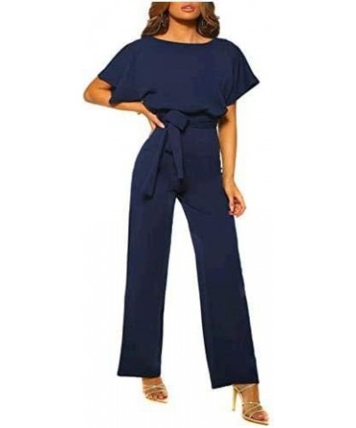 Women Casual Loose Short Sleeve Belted Wide Leg Pant Romper Jumpsuits A Navy Blue $21.35 Jumpsuits