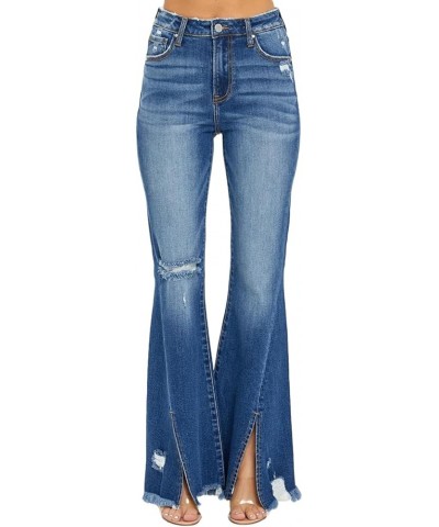 Risen Jeans - High Rise Front Slit with Fray Hem Flare Jeans - RDP5544 Darkblue $43.17 Jeans