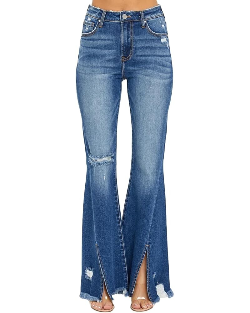 Risen Jeans - High Rise Front Slit with Fray Hem Flare Jeans - RDP5544 Darkblue $43.17 Jeans