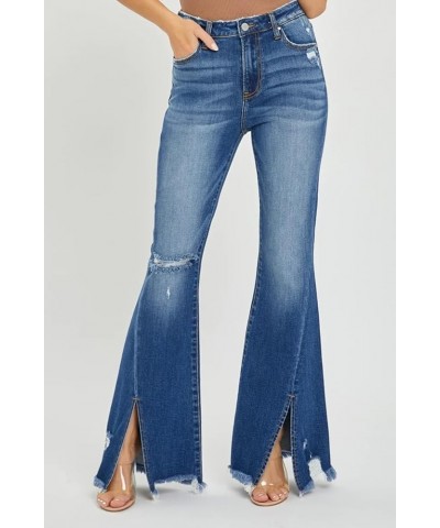 Risen Jeans - High Rise Front Slit with Fray Hem Flare Jeans - RDP5544 Darkblue $43.17 Jeans