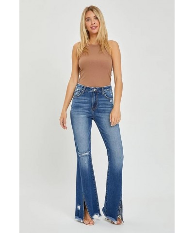 Risen Jeans - High Rise Front Slit with Fray Hem Flare Jeans - RDP5544 Darkblue $43.17 Jeans